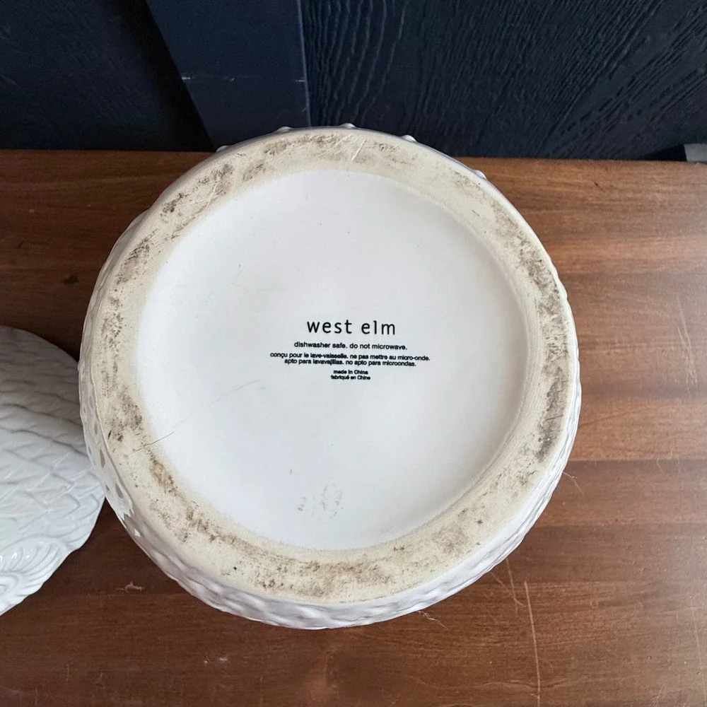West Elm Owl Cookie Jar Canister White Ceramic Excellent Textured Feather Detail